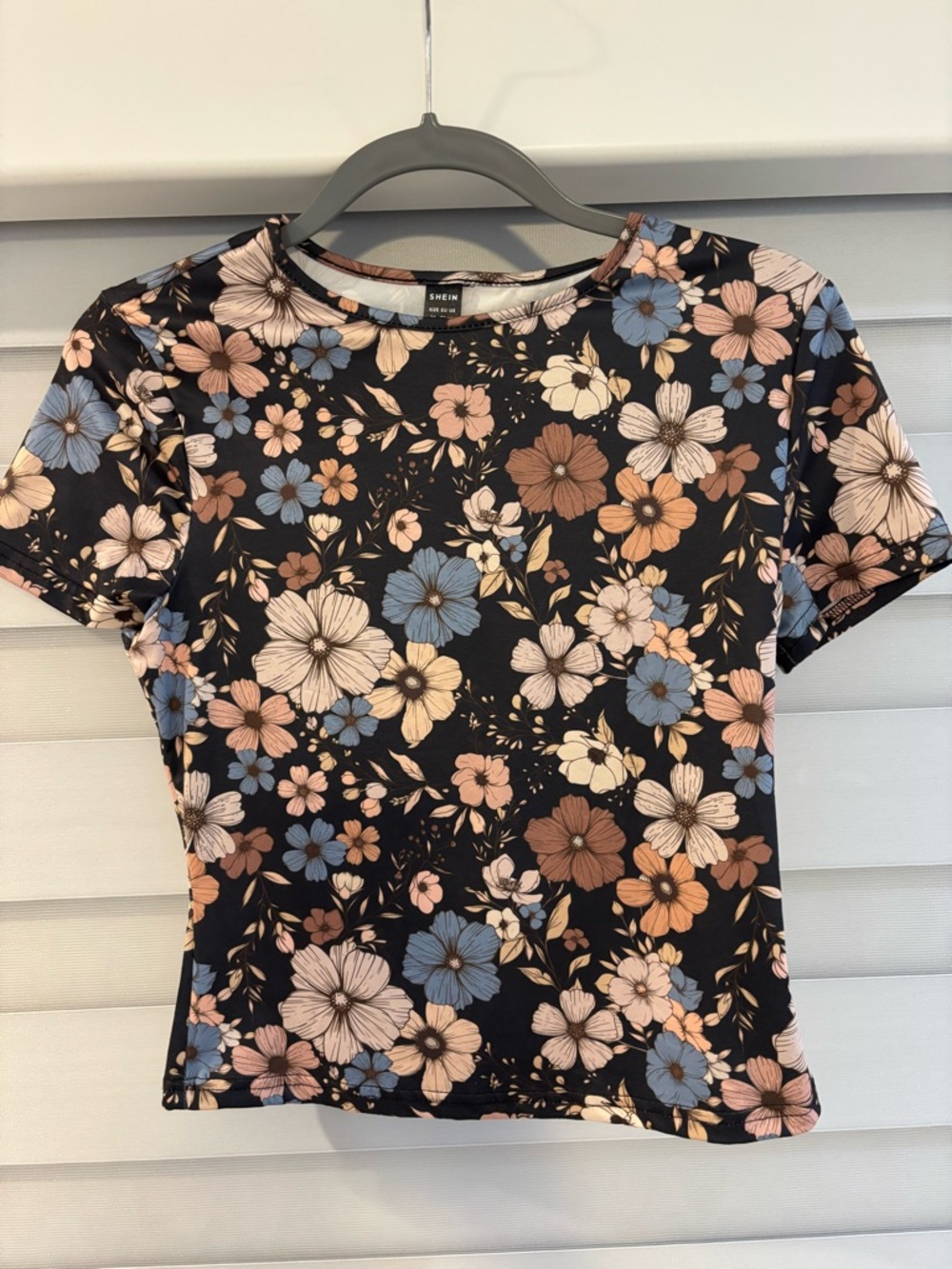 Floral Crewneck Tee - Black with Blue & Tan Flowers